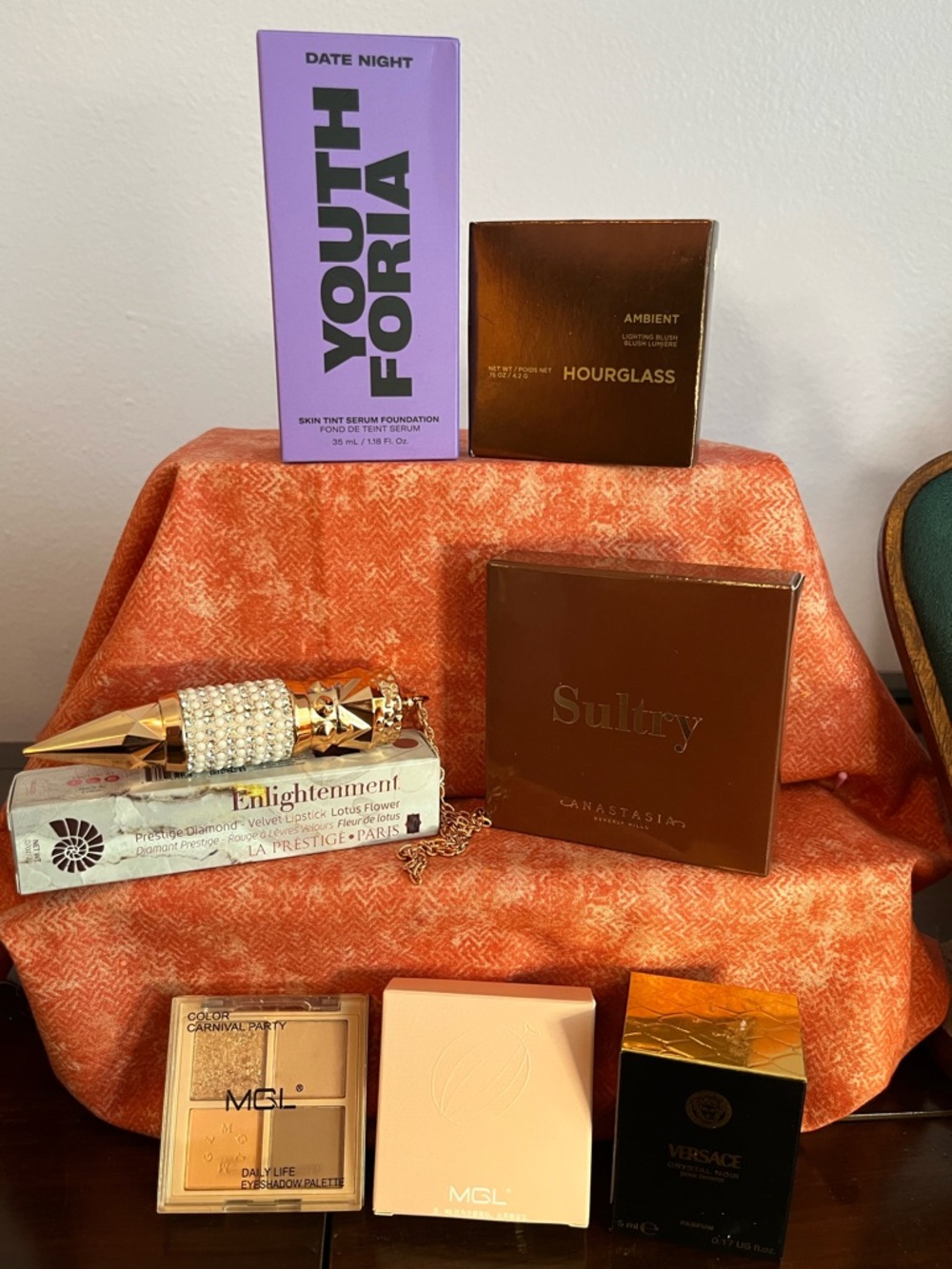 Anastasia BH Sultry Eye Palette, Youth Foria Foundation, Hourglass Ambient Light